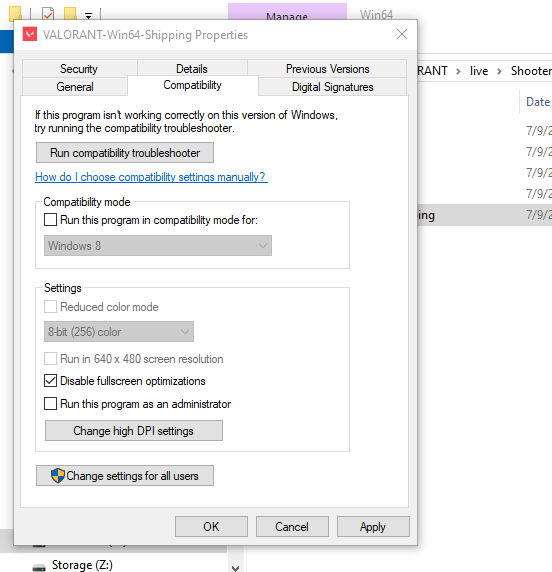 valorant disable fullscreen optimization windows 10