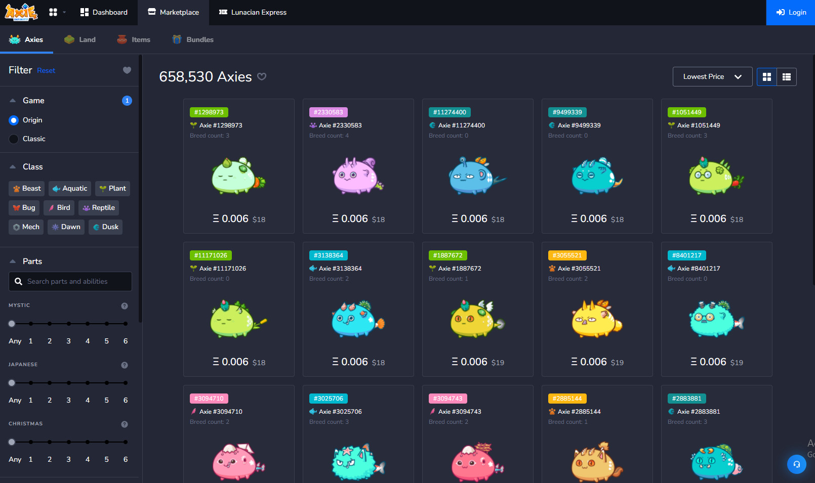 axie infinity nft marketplace ყველაზე დაბალი ფასი