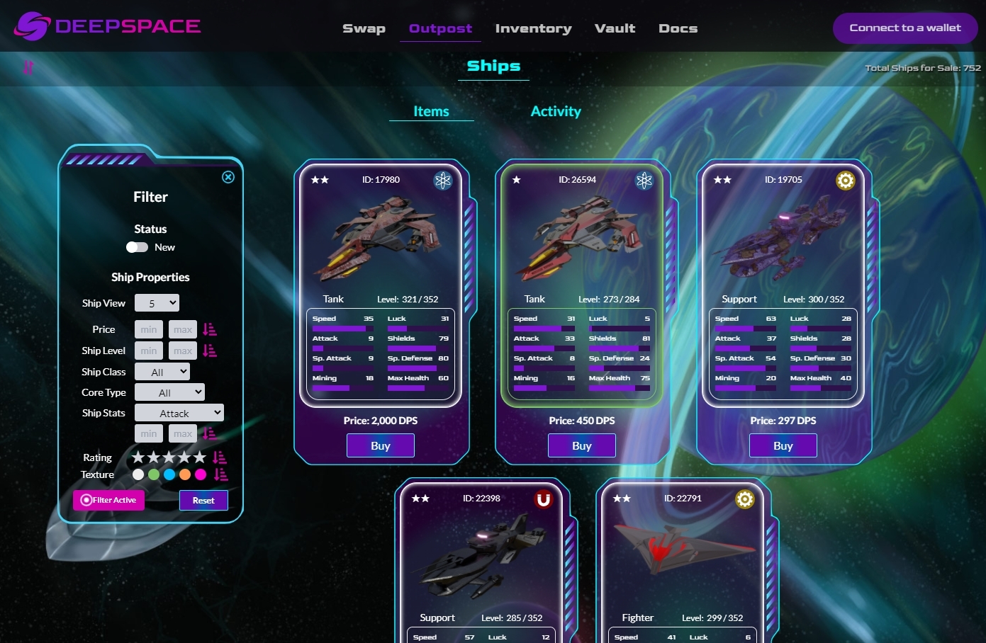 deepspace ship nfts dapp dashboard