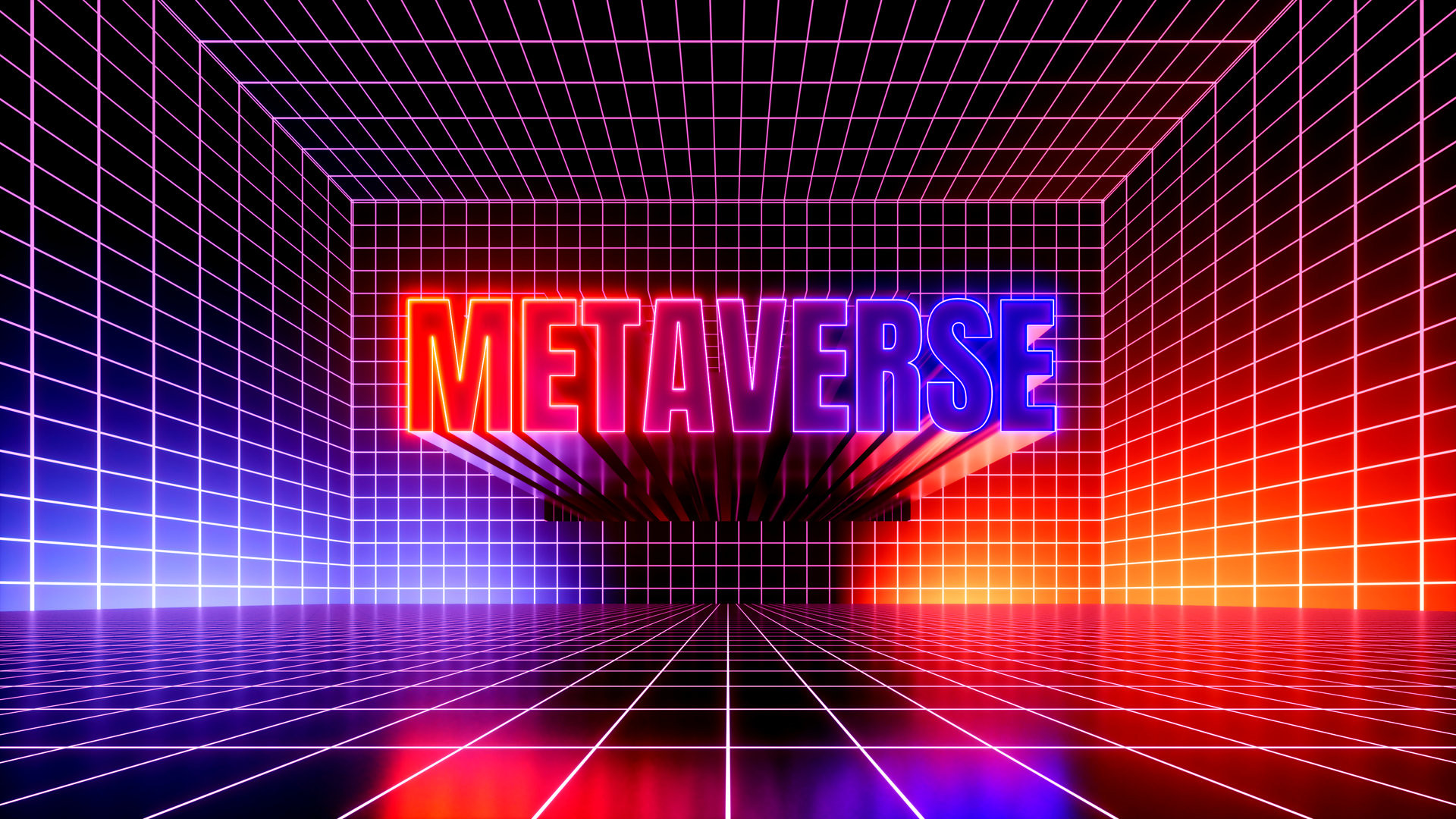 3d render, abstract futuristic background. Metaverse sign glowing with violet red neon light inside the empty virtual room, cyber space