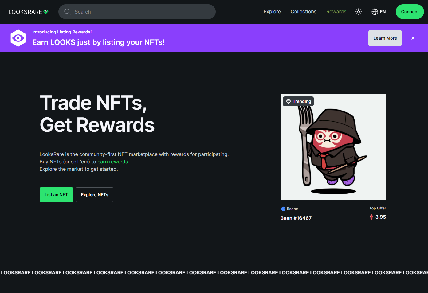 Скриншот домашнего экрана lookrare nft marketplace