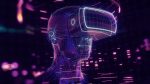 3D render, visualization of a man wearing virtual reality glasses, electronic head device, avatar, virtual data, ultraviolet grid, neon light. User interface. Player one ready for the game.