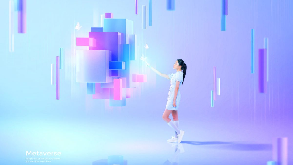 Asian woman experiencing metaverse virtual space