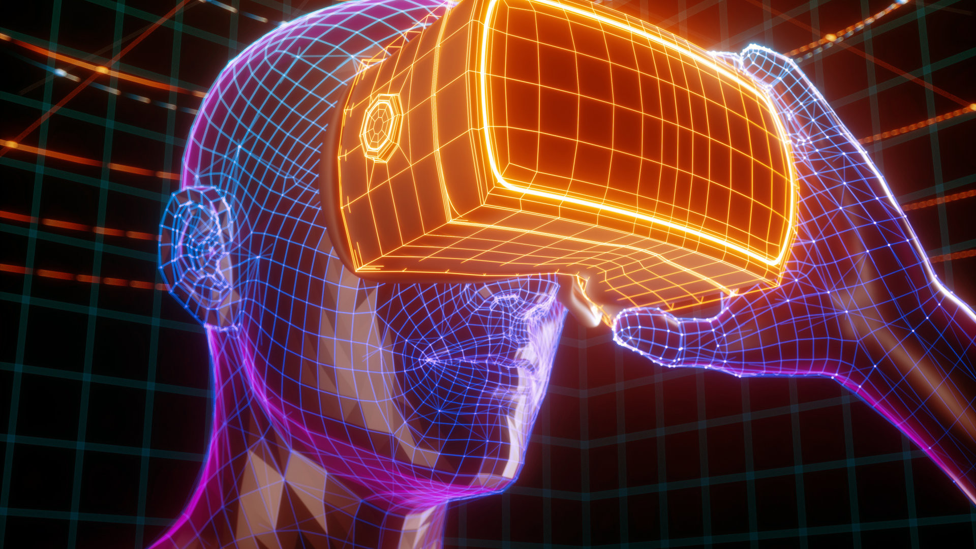 3D render of virtual man holding virtual reality glasses surrounded by virtual data with neon orange lines and dots. Player begins the VR game. VR experience. View with depth of field.