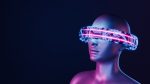 3d girl with electronic ring covering her eyes. neon lights. futuristic concept of virtual reality, video games, technology, metaverse and crypto. 3d rendering