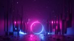 3d abstract neon background, cyber space virtual reality urban scene, glowing round shape portal at the end of the street, fantastic city, minimal skyscrapers, post apocalyptic concept, night sky