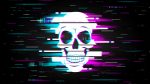 Glitch on computer screen with smiling human skull. Artificial intelligence, computer virus and hacker attack danger, online cybersecurity threats background with video signal error effect vector