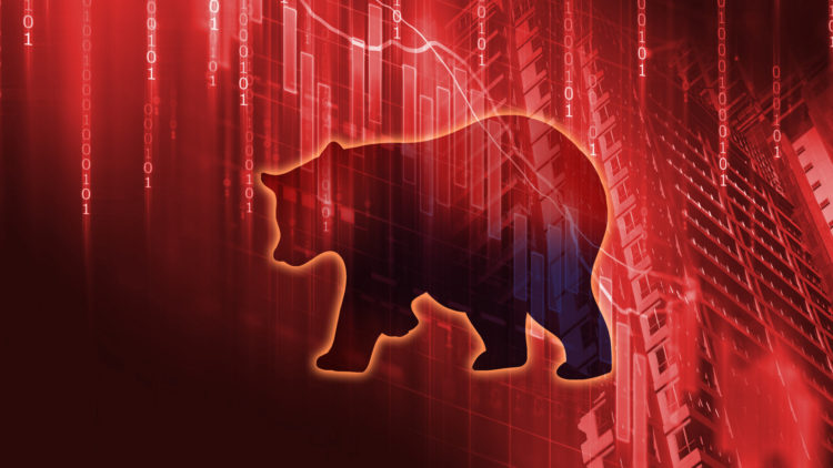 silhouette form of bear on financial stock market graph represent stock market crash or down trend investment