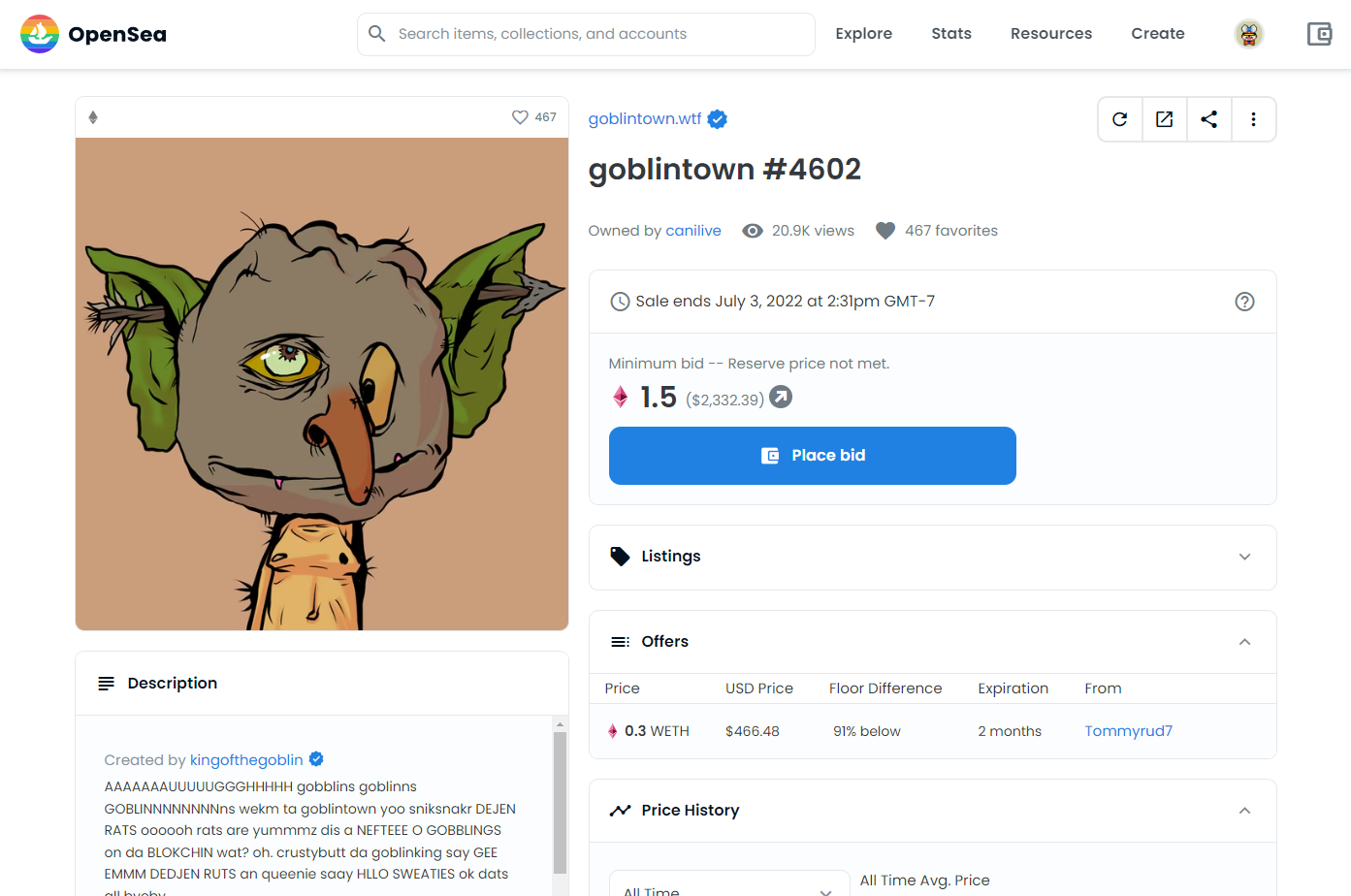 goblintown nft opensea example